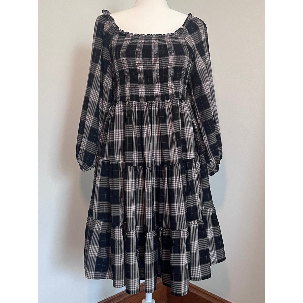 Torrid Margaret Plaid Smocked Mini Dress Womens 1X 14-16 Black Whimsey Goth